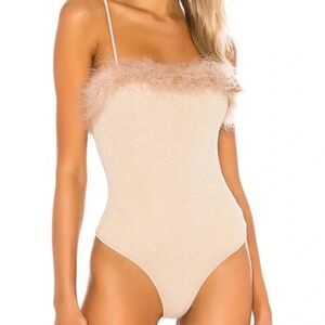 Lovers + Friends New Ribbed Shimmery Feather Trim Lana Stretchy Bodysuit Small
